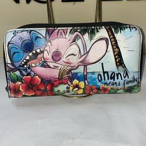 Disney LILO & STITCH Ohana Canvas & Faux Leather Zip Around Wallet EUC